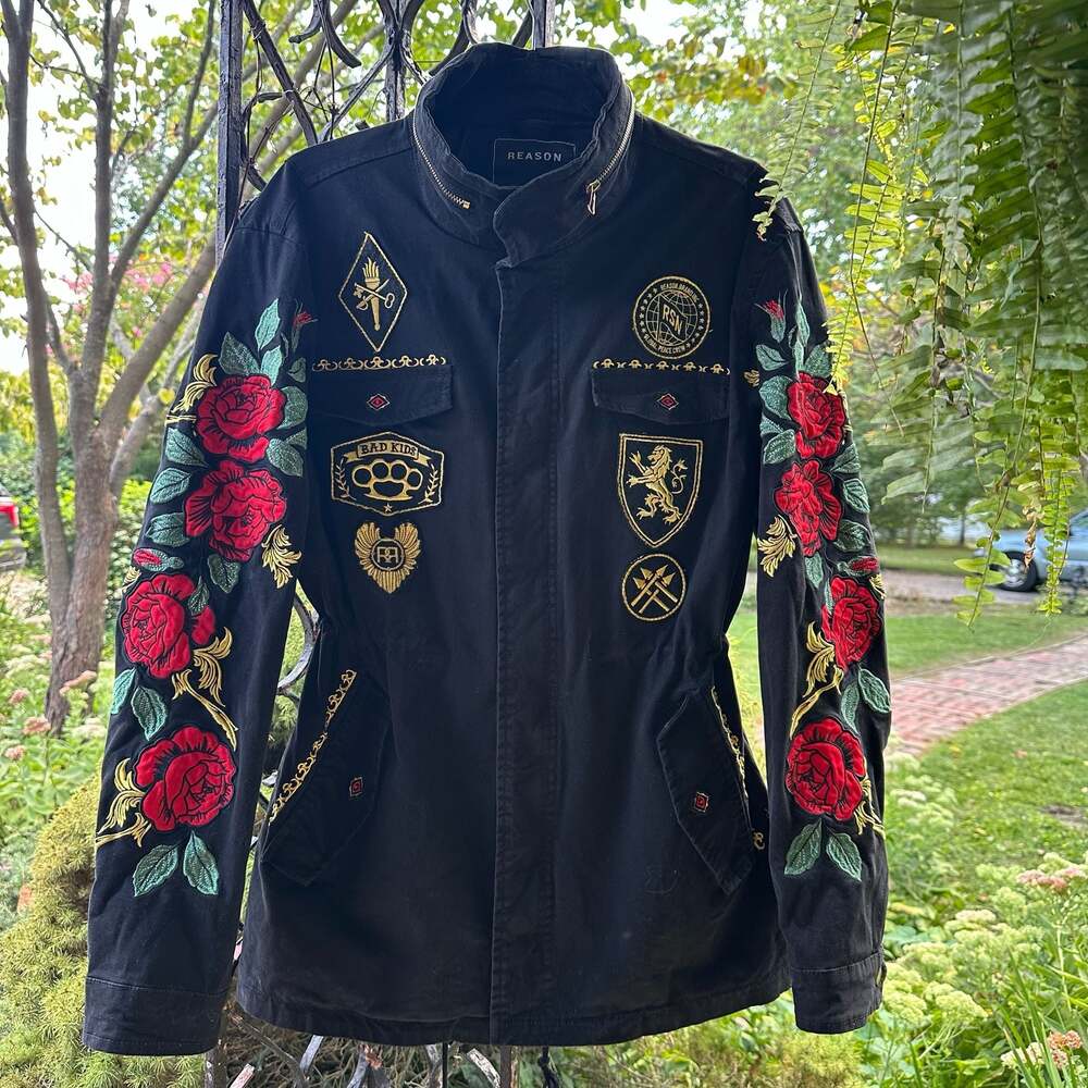 Reason Brand Black Floral Embroidered Military Utility Jacket Patchwork